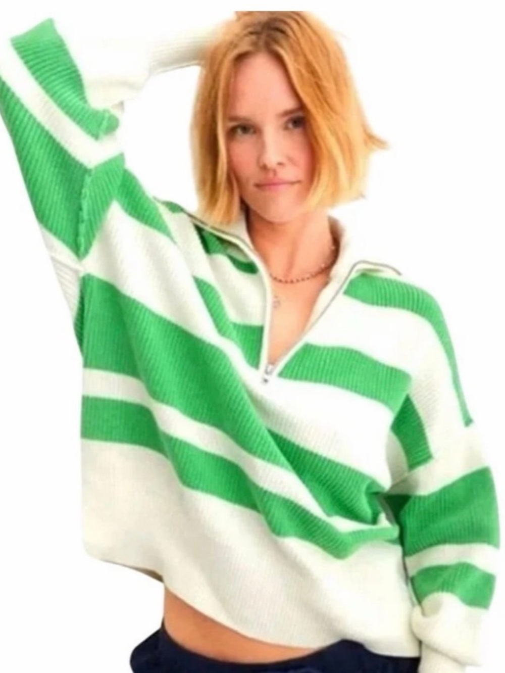 Aerie Beyond Quarter Zip Sweater Oversized Green & White Size XL